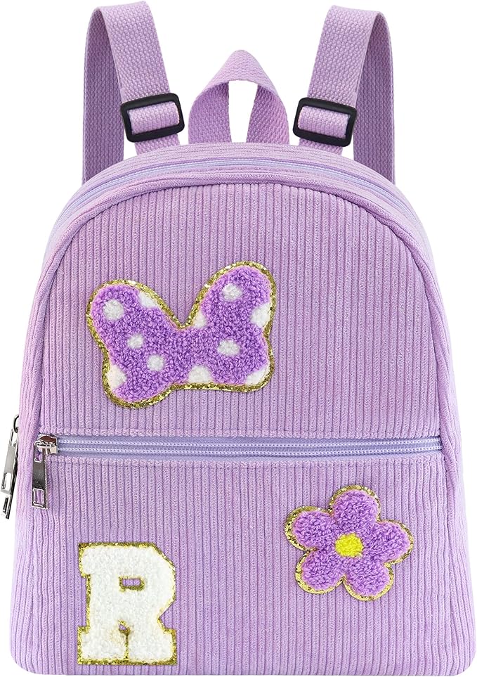 2 3 4 5 6 Year Old Girl Gifts Chenille Initial Mouse Bow Mini Backpack, Corduroy Toddler Backpacks Christmas Birthday Gifts for Girls 2-4 5-6, Purple Mini Diaper Bag Must Haves for Park Travel R