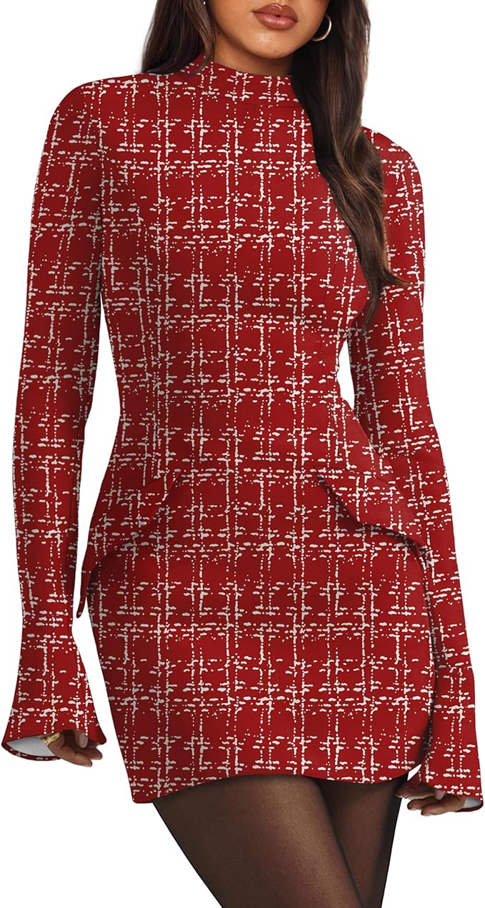 OFEEFAN Women's Fall Long Sleeve Mock Neck Dress Basic Party Club Bodycon Mini Dresses