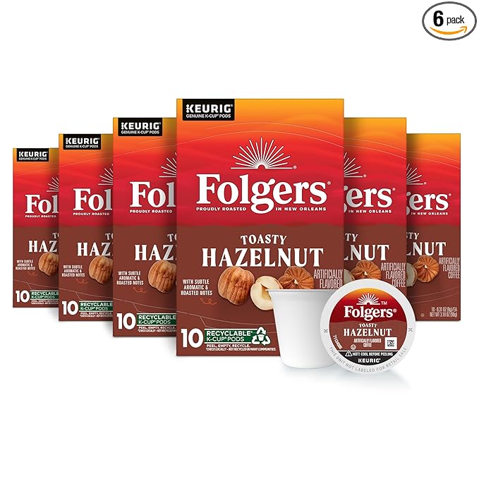 Folgers Toasty Hazelnut Artificially Flavored Coffee, Keurig K-Cup pods, 10 Count Box (Pack of 6)