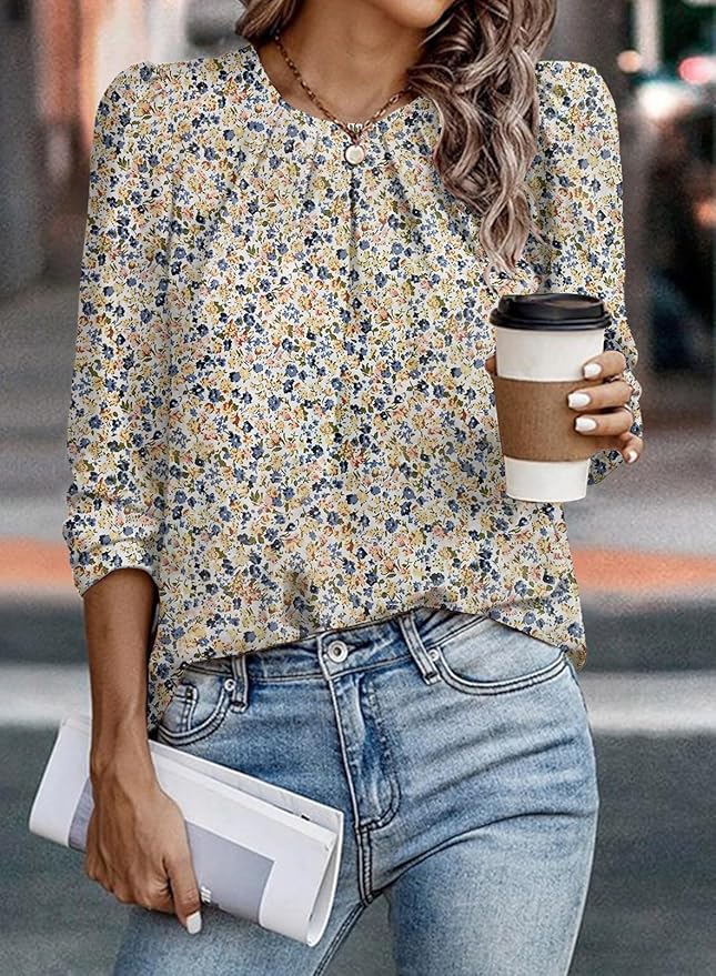 Samefar Womens Tops Dressy Casual Pleated Crew Neck Long Sleeve Shirts Office Work Chiffon Blouses