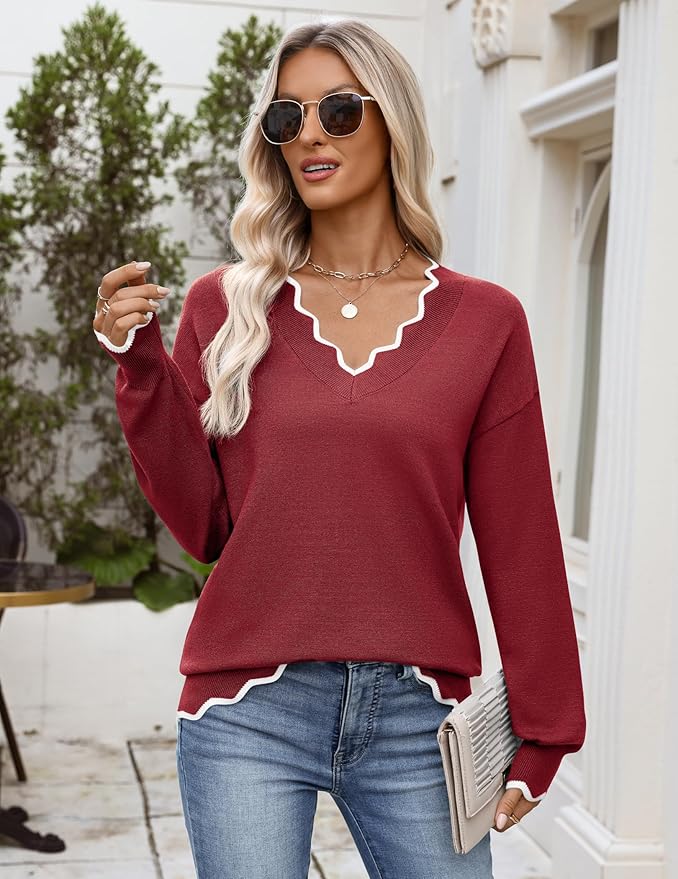 Zeagoo Women's 2026 Fall V Neck Sweater Casual Long Sleeve Lightweight Ribbed Knit Pullover Sweaters Dressy Casual Tops