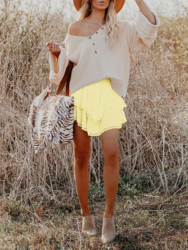 Aoudery Flowy Shorts for Women Casual Boho Ruffle Tiered Skorts High Waist Mini Skirts Golf Tennis Crochet Shorts
