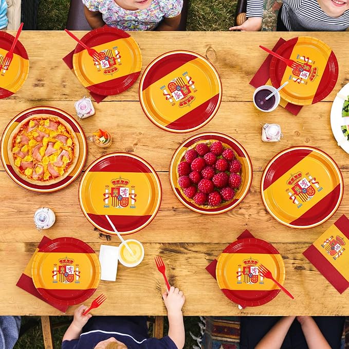 Greencian 96 Pcs Spain Flag Party Decorations Disposable Spanish Flag Paper Plates and Napkins Spanish National Day Tableware Set for Country Decoration Patriotic Festival Party Supplies, Serves 24