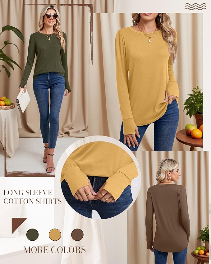 Huukeay 3 Pack Women's Long Sleeve Shirts with Thumb Holes, Cotton Casual Crew Neck Tunic Tops Fall Loose Y2k Trendy Outfits