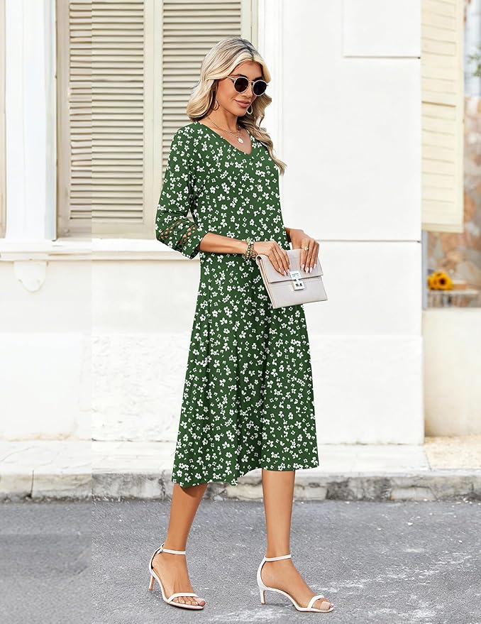 Zeagoo Women's Dresses 3/4 Sleeve Summer Casual V-Neck A Line Flowy Eyelet Midi Dress for Women Beach Vacation Sundress