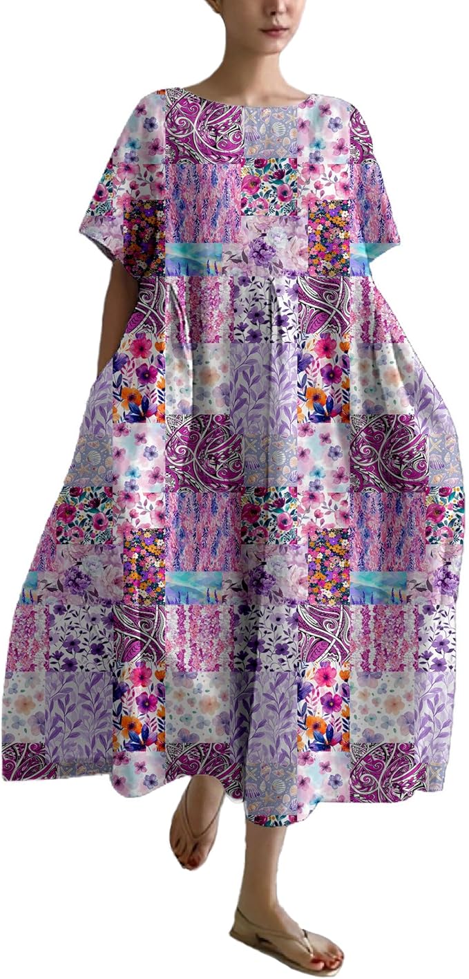 MARSVOVO Patchwork Flowy Dresses for Women Plus Size Loose Casual Tunic Dress Elegant Crewneck Maxi Dresses with Pockets