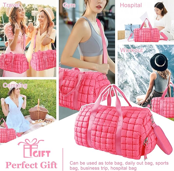 Quilted Travel Duffle Bag Gym Bag for Women,Large Puffer Duffle Weekender Bag with Compartment,Workout Overnight Carry on Organizer Bag Duffle Bag for Airplane Travel(L-Pink)