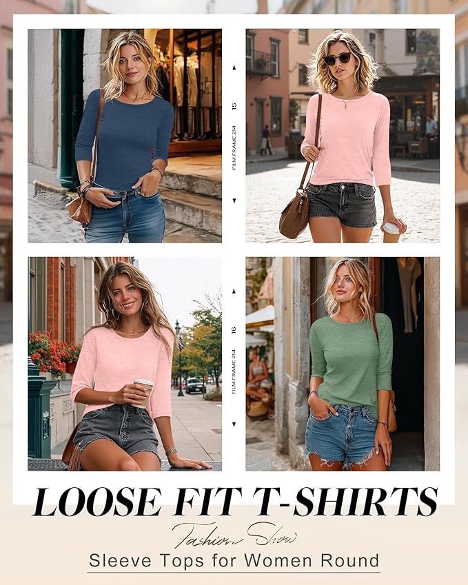 Ficerd 3 Pack 3/4 Sleeve Tops for Women Round Neck Dressy Basics Tees Casual Trendy Loose Fit T Shirts