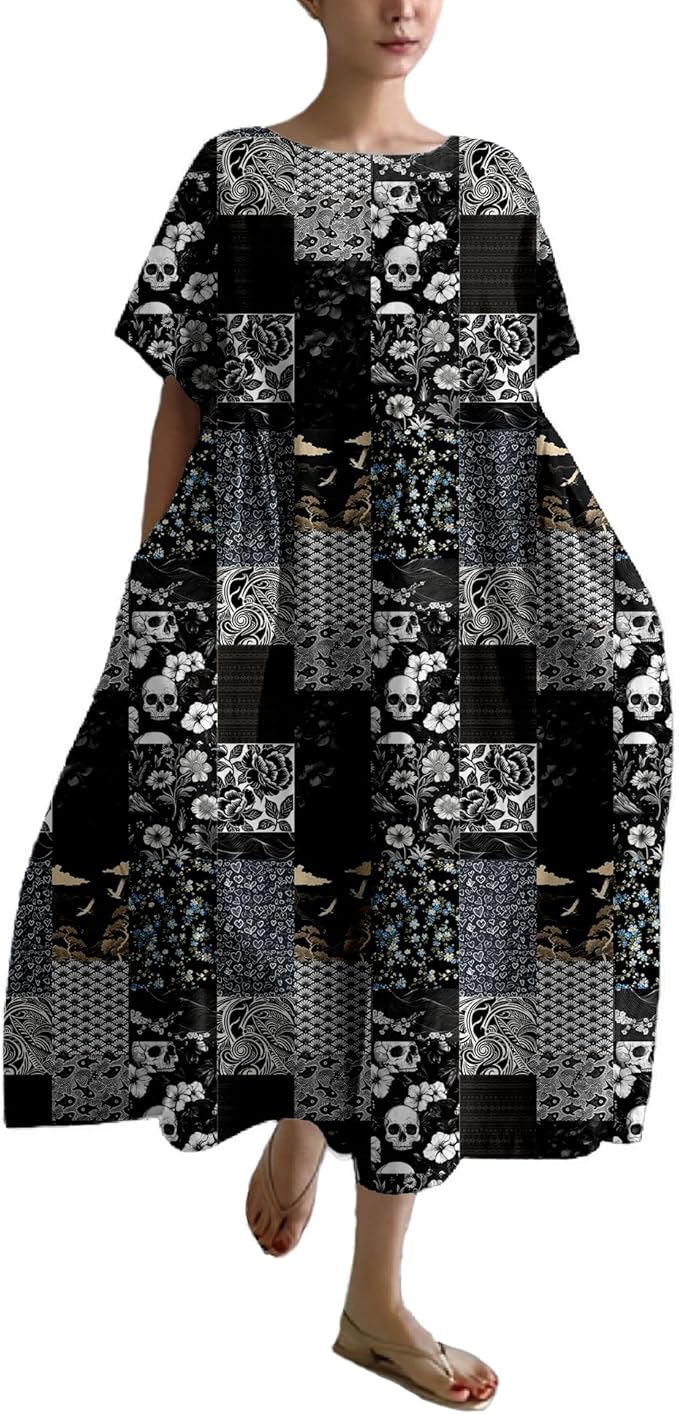 MARSVOVO Patchwork Flowy Dresses for Women Plus Size Loose Casual Tunic Dress Elegant Crewneck Maxi Dresses with Pockets