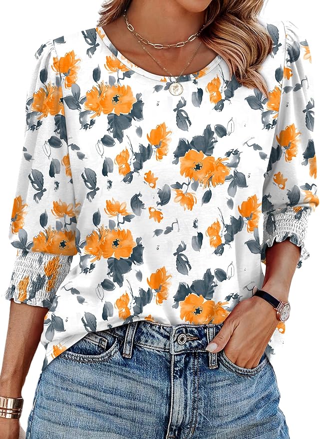 XIEERDUO Blouses for Women Dressy Casual 3/4 Length Sleeve Womens Tops with Smocked Cuffs