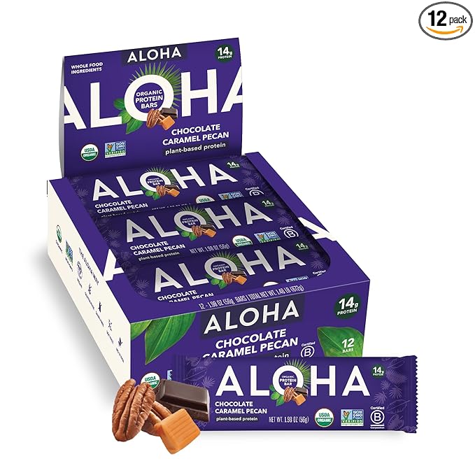 ALOHA Organic Plant Based Protein Bars | Chocolate Caramel Pecan | 12 Count, 1.98oz Bars | Vegan, Low Sugar, Gluten Free, Paleo Friendly, Low Carb, Non-GMO, Stevia Free, Soy Free, No Sugar Alcohol Sweeteners