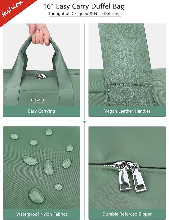 Sports Small Gym Bag for Women, Cute Mini Duffle Bag with Wet Pocket & Shoes Compartment, Personal Item Travel Workout Bag, 16"-Small, Green
