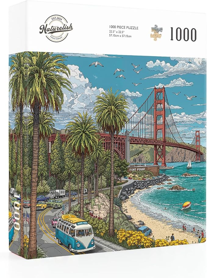 Naturelish 1000 Piece Jigsaw Puzzle for Adults, Cityscape Jigsaw Puzzle, Vibrant California Coastline with Golden Gate Bridge, Palm Trees & Tour Bus, Challenging Art Puzzle, 22.5 x 22.5 in