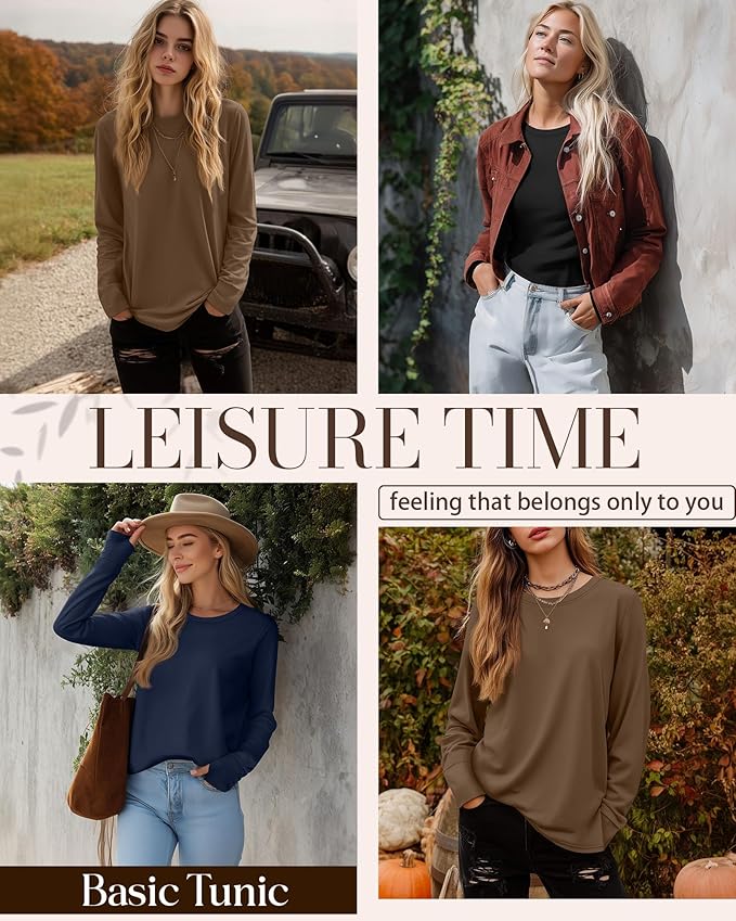 Huukeay 3 Pack Women's Long Sleeve Shirts with Thumb Holes, Cotton Casual Crew Neck Tunic Tops Fall Loose Y2k Trendy Outfits