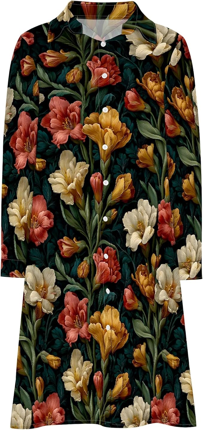 Shirt Dresses for Women 2025 Summer Long Sleeve Casual Plus Size Floral Printed Beach Vacation Dress with Pockets