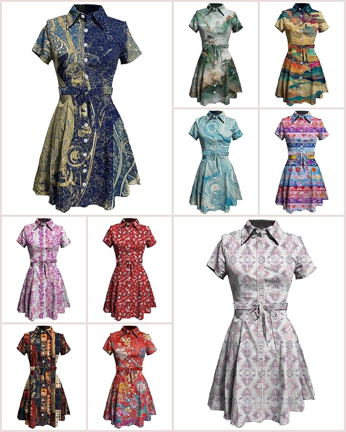 MARSVOVO Vintage Retro Shirt Dress for Women Short Sleeve Button Down Tie Waist Elegant Smocked Knee Length Dress