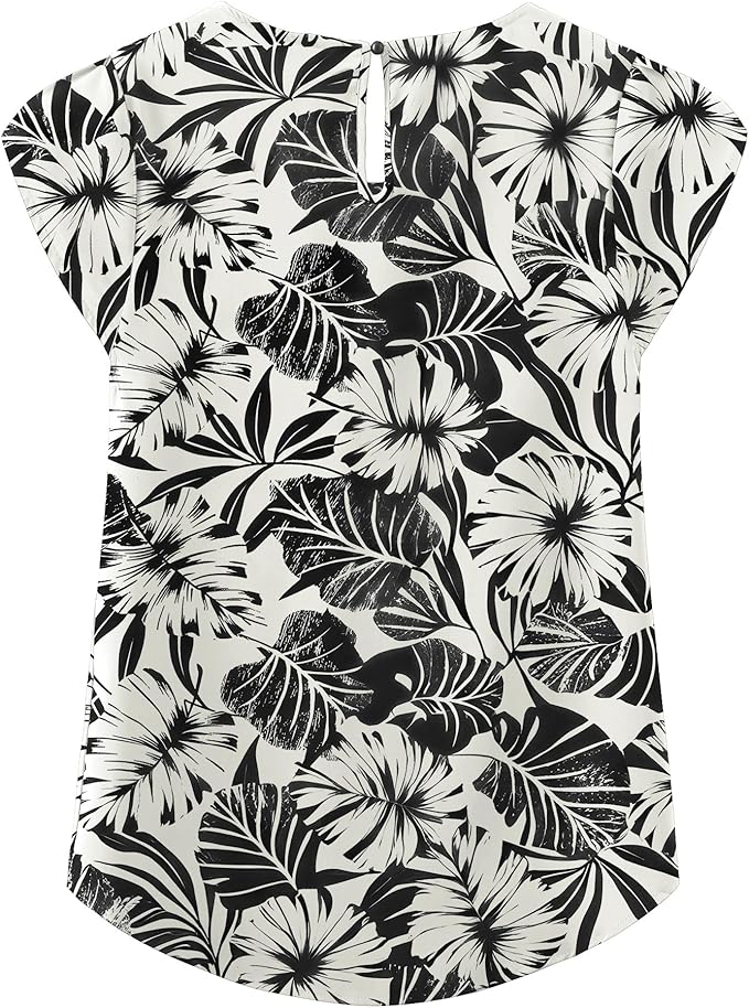 TASAMO Women's Casual Round Neck Basic Pleated Top Cap Sleeve Curved Keyhole Back Chiffon Blouse
