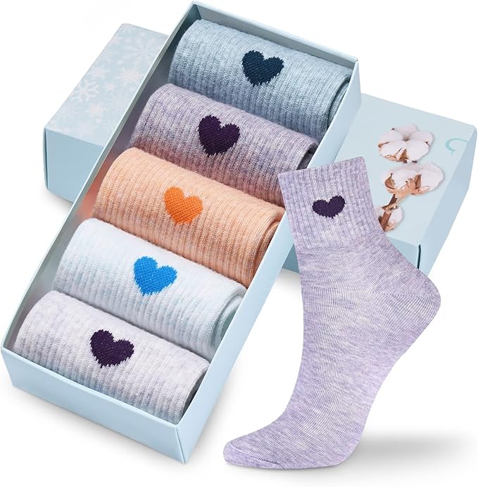 Corlap Women's Cute Cotton Crew Athletic Running Socks - Ankle High, Novelty Fun Heart Design 5-Pairs (Gift Box)