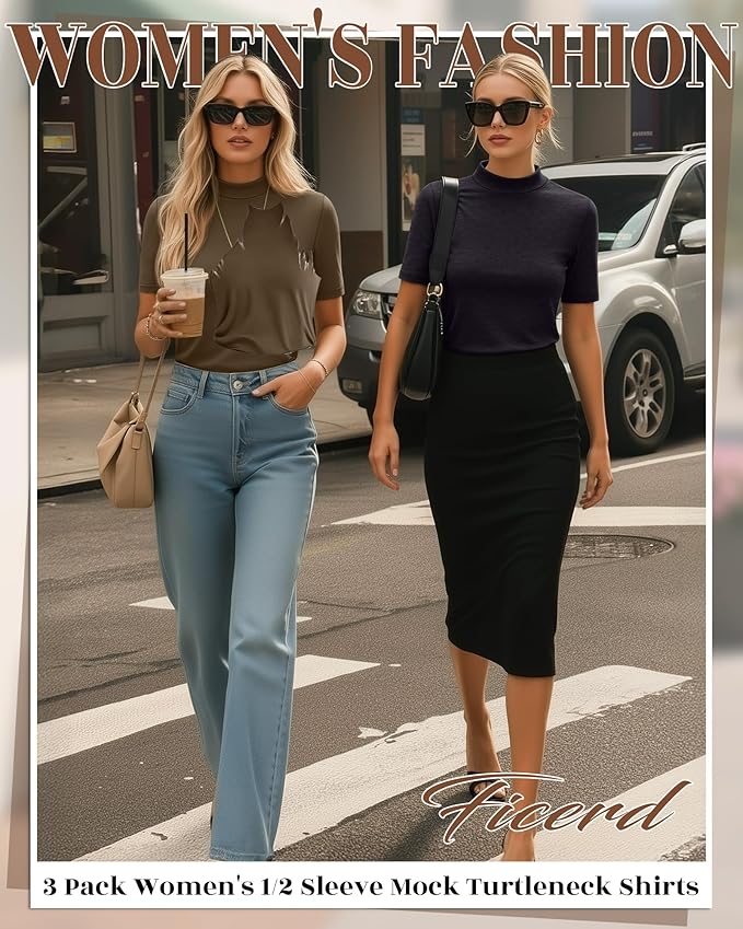 Ficerd 3 Pack Women's 1/2 Sleeve Mock Turtleneck Shirts, Elbow Length Shirt Half Sleeve Tunic Top Casual Summer Basic Tees
