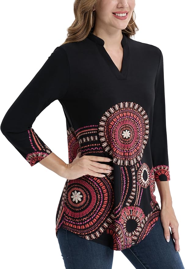 BAISHENGGT 3/4 Sleeve Tops for Women Notch V Neck Floral Work Blouses Dressy Casual Loose Fit Going Out Tunic Tops