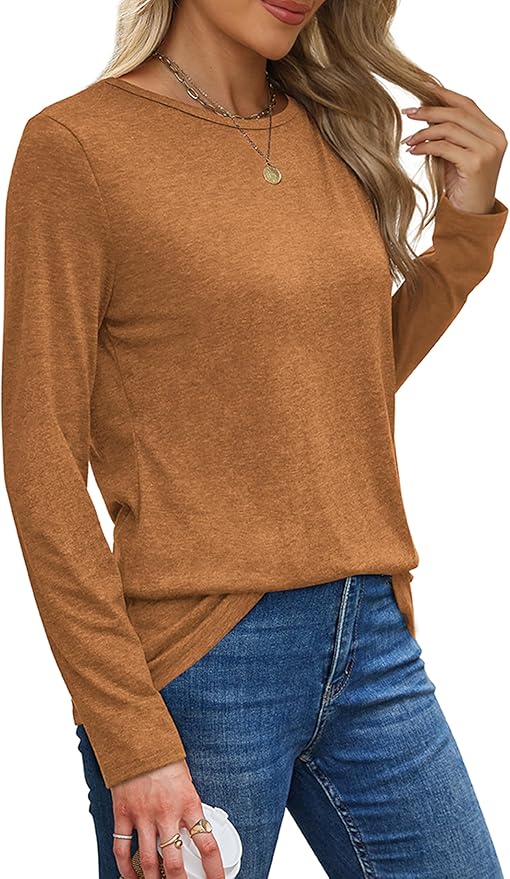 XIEERDUO Long Sleeve Shirts for Women Casual Crew Neck Basic Fall Tops Loose Fit Comfy