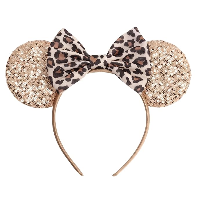 bianbaistar Champagne Sequin Mouse Ears Headband, Leopard Print Satin Bow for Theme Parks & Glam Nights