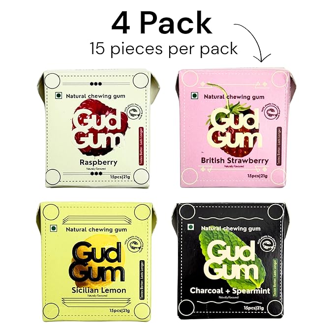 GUDGUM Natural & Sugar-Free Chewing Gum – Plastic-Free, Biodegradable, Vegan (Pack of 4, Assorted)