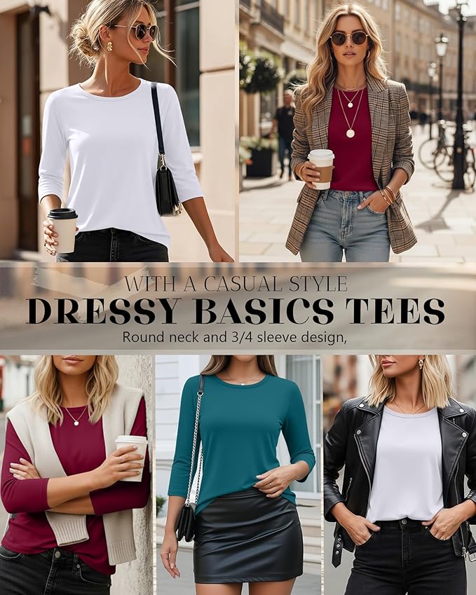 Ficerd 3 Pack 3/4 Sleeve Tops for Women Round Neck Dressy Basics Tees Casual Trendy Loose Fit T Shirts