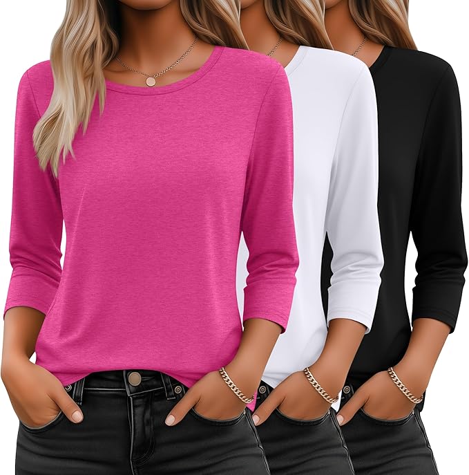 Ficerd 3 Pack 3/4 Sleeve Tops for Women Round Neck Dressy Basics Tees Casual Trendy Loose Fit T Shirts