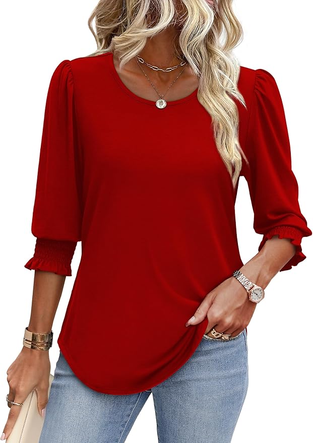 XIEERDUO Blouses for Women Dressy Casual 3/4 Length Sleeve Womens Tops with Smocked Cuffs