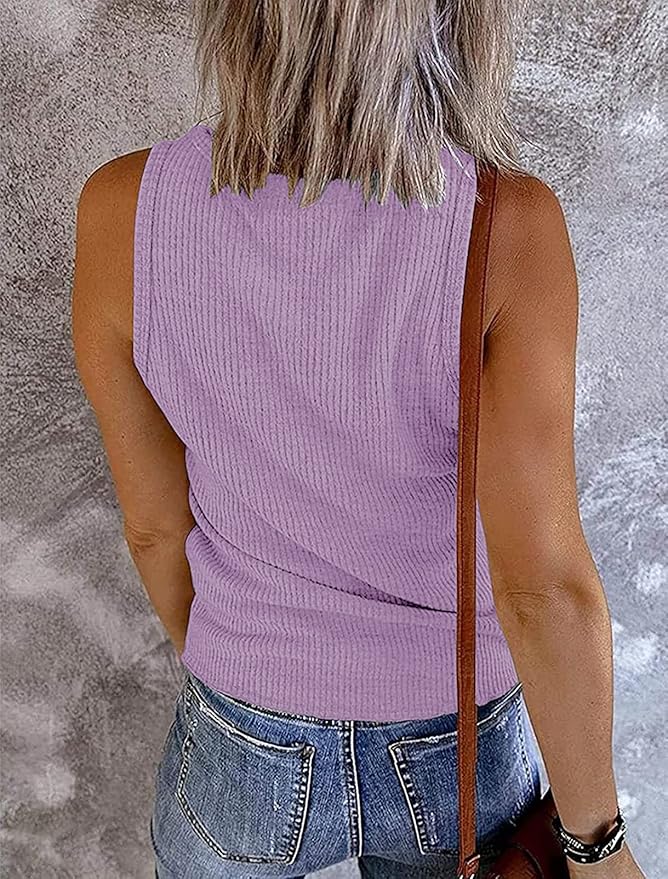 MEROKEETY Women's 2026 Summer Sleeveless Tank Tops V Neck Ribbed Dressy Casual Henley Shirts Button Loose Cami Tees