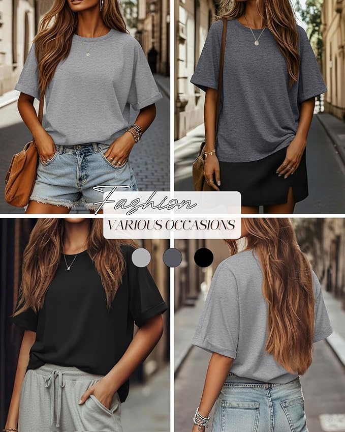 Riyiper 3 Pack Women's Oversized T-Shirt Half Sleeve Summer Tees Casual Loose Fit Crew Neck Basic Tops
