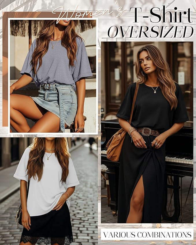 Riyiper 3 Pack Women's Oversized T-Shirt Half Sleeve Summer Tees Casual Loose Fit Crew Neck Basic Tops