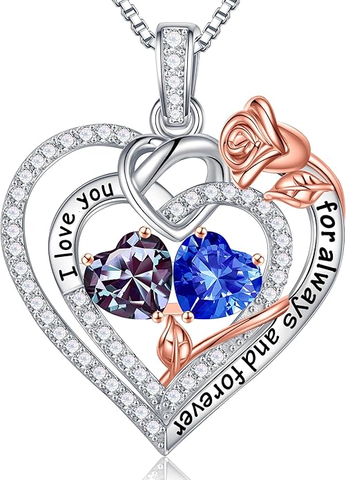 Iefil Valentines Day Gifts for Her - 925 Sterling Silver Double Birthstone Necklace, Anniversary Birthday Gifts for Women, Jewelry Gift for Wife Girlfriend Mom Her