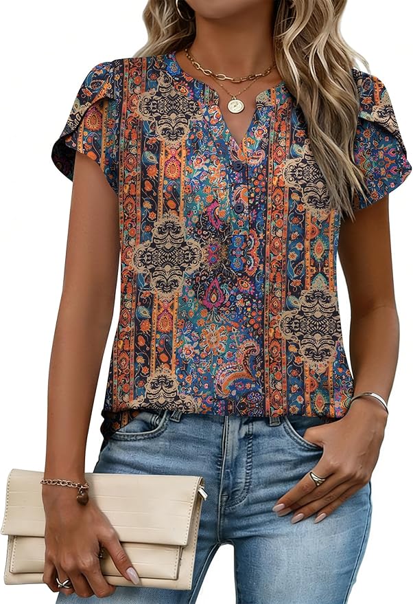 Zeagoo Womens Tops Dressy Casual Textured Blouses Cap Short Sleeve Shirts V Neck Button Up Summer Spring Work Tshirt Clothes