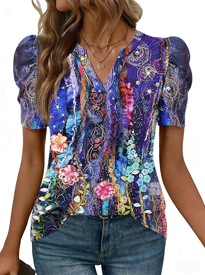 Lomon Spring Summer Tops for Women 2026 V Neck Puff Short Sleeve Tops Fashion Trendy Work Blouses Dressy Casual S-XXL