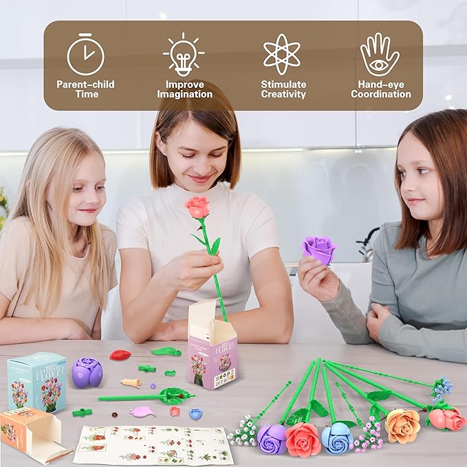 Sopu Colorful Rose Bouquet Flowers Building Set, 24 Boxes 1380Pcs Artificial Flowers Botanical Collection Flowers for Adults Valentines Day Gifts for Her Women Wife Girlfriend Mom