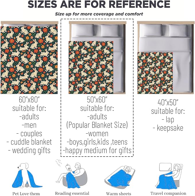 Oertud Bunny Gifts, White Rabbit and Floral Theme Flannel Blanket for Women, Spring Animal Birthday Throw Blankets for Kids, Girls, Travel Camping Sofa Living Room Decor 40x50 in