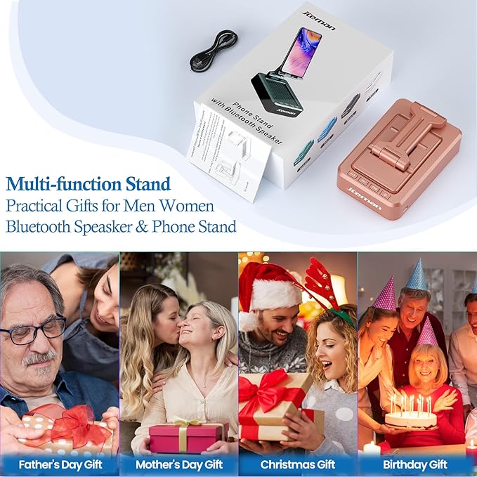 JTEMAN Cell Phone Stand with Bluetooth Speaker,Brithday Gifts for Men Women,Phone Speaker Amplifier,Kitchen Gadgets for Men,Phone Holder for Desk - Rose Gold