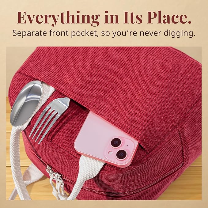 Insulated Lunch Bag for Women Men, Stylish Corduroy Tote Bag with Aluminum Lining, Large Capacity Reusable Cooler for Work, Travel, or Beach, Wine Red Lunch Box