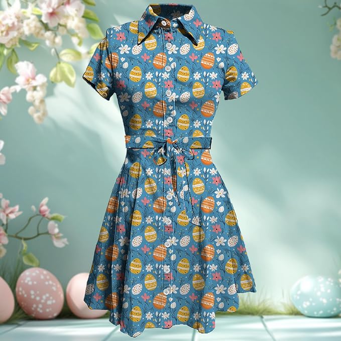 MARSVOVO Cute T Shirt Dress for Women Short Sleeve Button Up Tie Waist Elegant Casual Collared Smocked Midi Dress