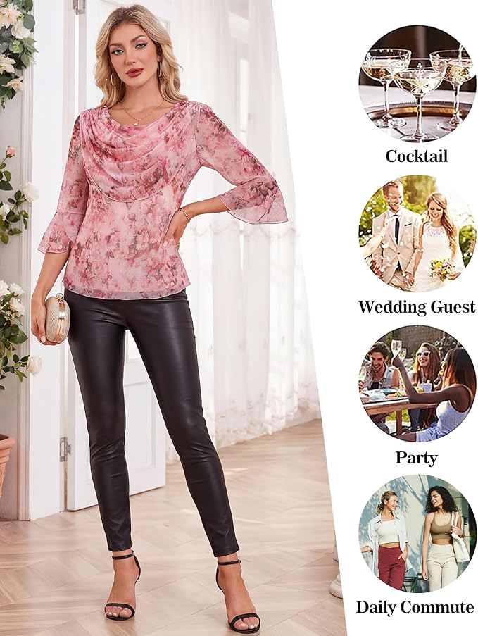 Lotusmile Blouses for Women Dressy Casual 3/4 Sleeve Cowl Neck Sparkly Tops Cocktail Shirts for Evening Party