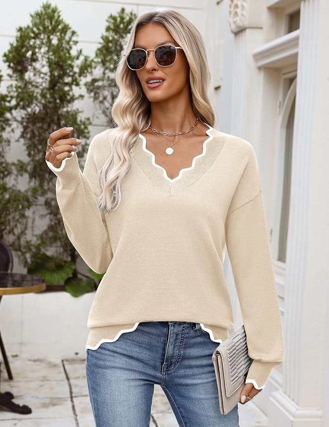 Zeagoo Women's 2026 Fall V Neck Sweater Casual Long Sleeve Lightweight Ribbed Knit Pullover Sweaters Dressy Casual Tops
