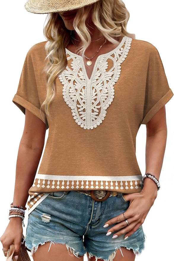 Sipaya Womens Blouses Dressy Casual Summer Shirts Short Sleeve Lace Front Boho Tunic Tops for Leggings Fashion Clothes