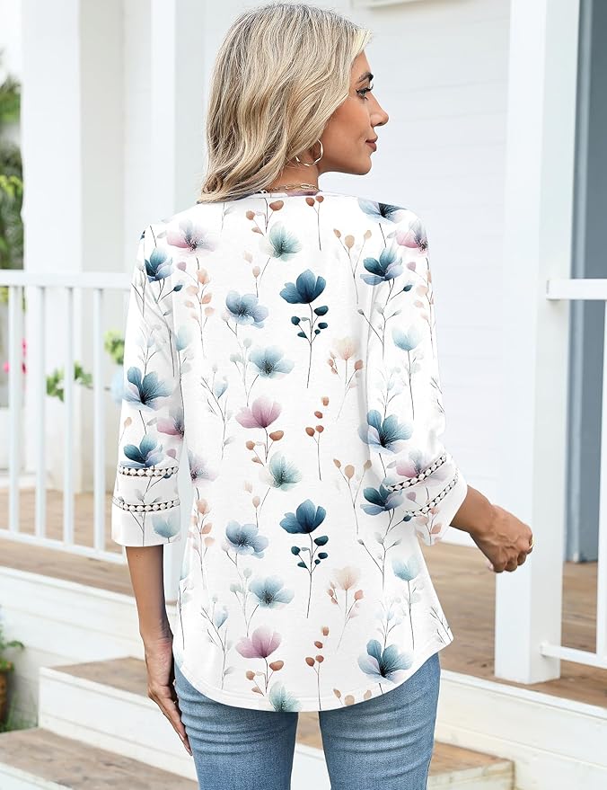 Ivicoer 3/4 Length Sleeve Womens Tops V Neck Lace Embroidered Summer Blouses Loose Fit Tunic Dressy Casual