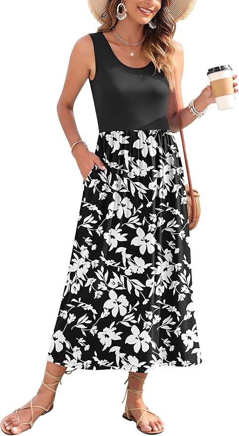 WNEEDU Women's Summer Maxi Dress 2026 Casual Sleeveless Hawaiian Sundress Tropical Long Dress Beach Vacation Outfit