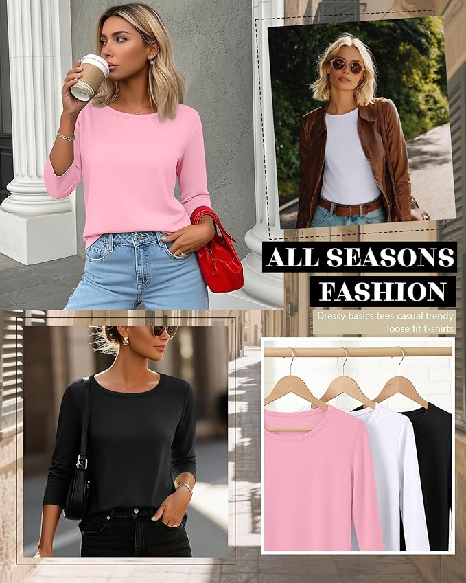 Ficerd 3 Pack 3/4 Sleeve Tops for Women Round Neck Dressy Basics Tees Casual Trendy Loose Fit T Shirts