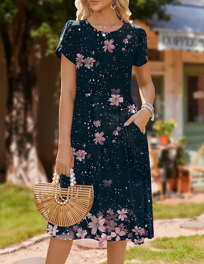 HOTOUCH Women's Summer A-Line Midi Dresses 2026 Casual Floral Short Sleeve T-Shirt Dress Flowy Beach Sundress with Pockets