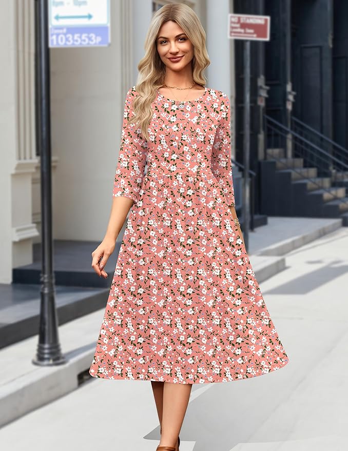 Zeagoo 3/4 Sleeve Women's Dress Casual Flowy A-Line Midi Tshirt Dresses with Pockets Crewneck Vocation Boho Beach Sundress