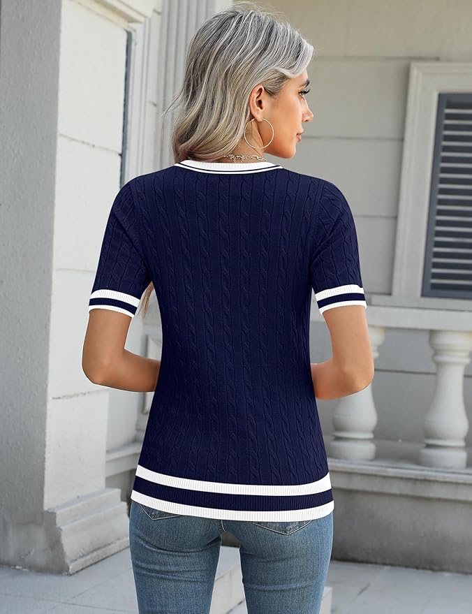 Micoson Womens Short Sleeve Cable Knit Sweater Tops Crewneck Lightweight Spring Summer Shirts Business Dressy Casual Outfits